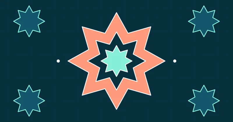 An eight-point geometric star pattern in coral, teal, and mint on a dark background