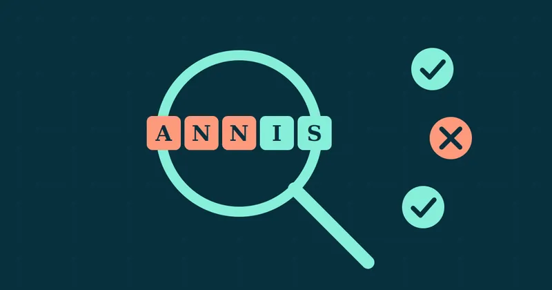 A magnifying glass over the name Annis beside check marks and an x mark
