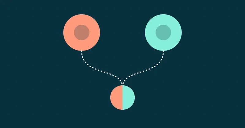 Two parent circles in coral and mint feeding into a small baby circle below