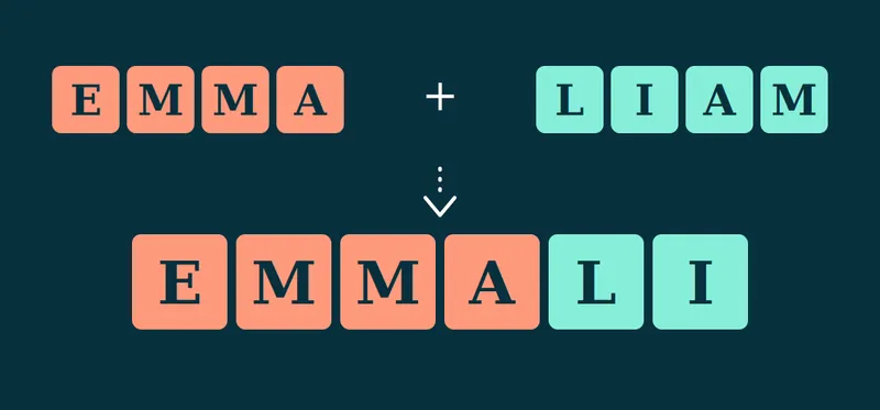 Letter tiles showing Emma and Liam combining into the couple name Emmali