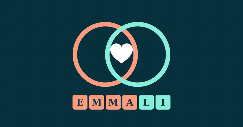Two interlocking rings with a heart above the couple name Emmali