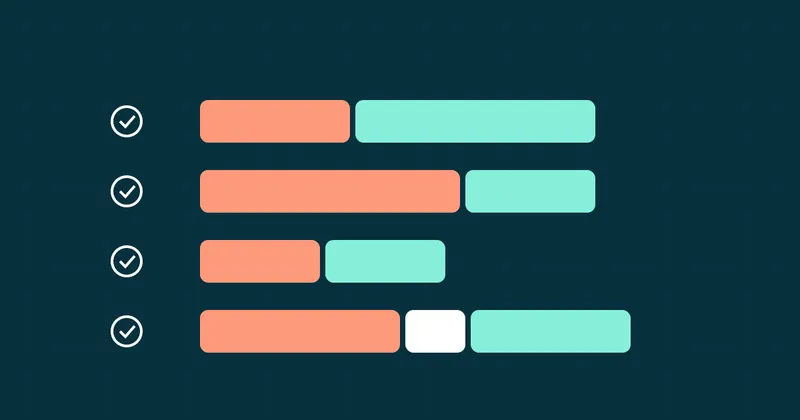 Four horizontal bars in coral and mint showing different ways to cut and join two names