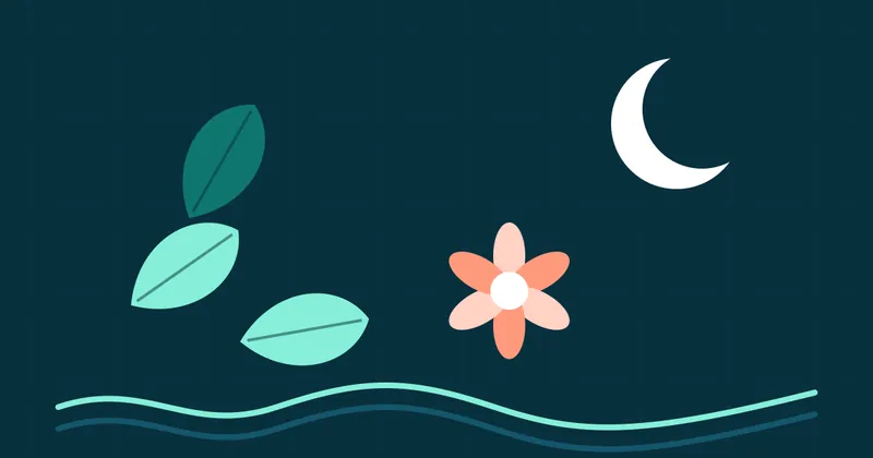 A moon, leaves, a flower, and water lines in coral and mint on a dark teal background