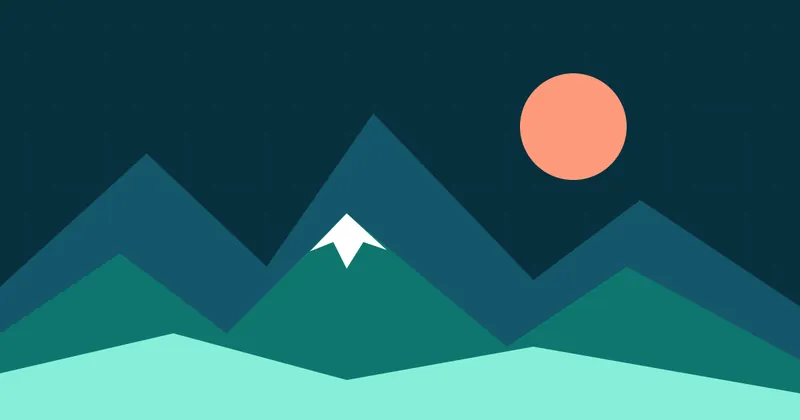 Layered mountain ridges in teal and mint under a coral sun